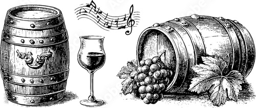 Vintage wine festival scene with engraved barrels, grapes, glass, and musical notes
