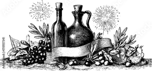 Vintage wine festival celebration design with engraved bottles and fireworks for event poster