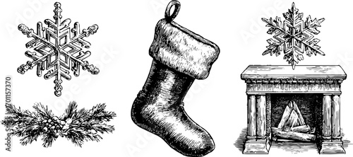 Vintage winter holiday sketch with fireplace, stocking, and snowflakes for seasonal design