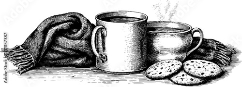 Winter idyll mug and cookies vintage engraving for cozy seasonal design