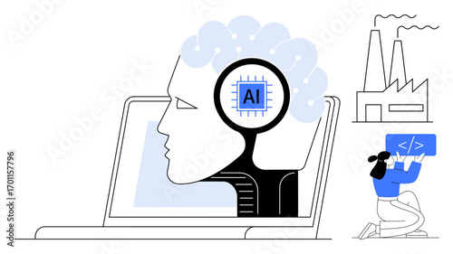 Laptop displaying AI brain, industrial factory, developer writing code. Ideal for technology, AI, industry, innovation, productivity, software development simple landing page
