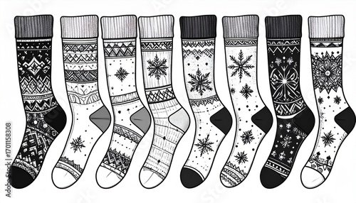 Collection of White and Black Winter Socks with Snowflake Patterns and Knitted Cuffs