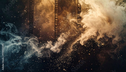 Abstract Background with Smoke Filmstrip Element and Scattered Particles in Dark Tones