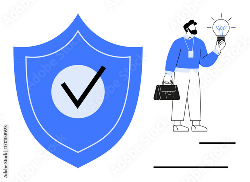 Businessman holding glowing light bulb symbolizing ideas and innovation stands near large shield with checkmark representing security. Ideal for trust, safety, creativity, problem-solving, business