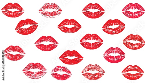 A repeating pattern of textured red lip prints against a white backdrop.
