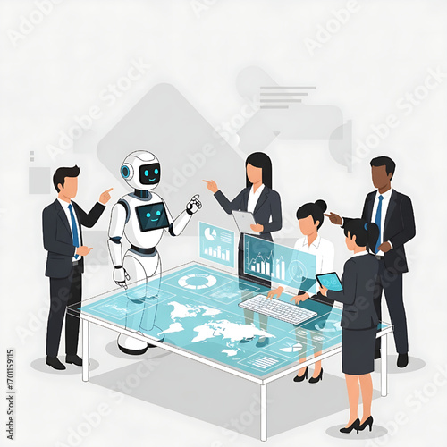 Business team collaborating with robot on futuristic technology table for innovation