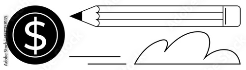 Coin with dollar sign, pencil, cloud, and dynamic lines suggesting creativity, finance, and progress. Ideal for business, education, productivity innovation planning freelancing entrepreneurship