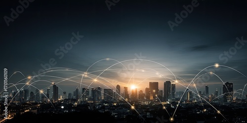 Cityscape at dawn  connected by a network of light trails