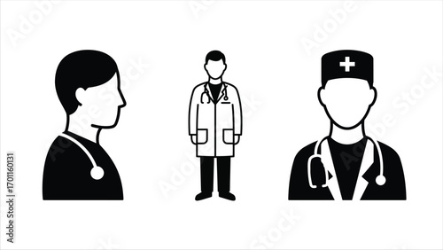 Three simple black doctor icons; profile, full-body, and bust views.