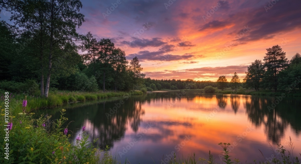 Obraz premium Serene sunset over a tranquil lake, with vibrant colors reflecting on the water's surface, surrounded by lush greenery