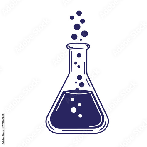 Vector illustration of a chemical erlenmeyer flask with bubbles and fluid inside
