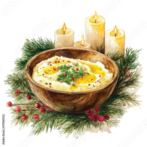Watercolor Holiday Dinner: Mashed Potatoes, Candles and Pine