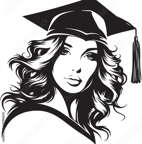 Graduate's Grace: A stunning illustration showcases a graduate, adorned with a classic mortarboard, her gaze exuding a captivating sense of accomplishment and anticipation.