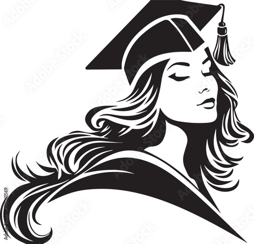 Elegant Graduate: A striking, high-contrast illustration of a graduating woman, her eyes gently closed, draped in graduation attire, capturing a moment of reflection and anticipation. 