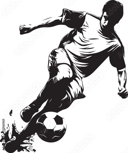 Dynamic Football Play: A silhouette of a male soccer player, in full action, skillfully dribbling the ball, embodying power, agility, and the essence of sportsmanship. 