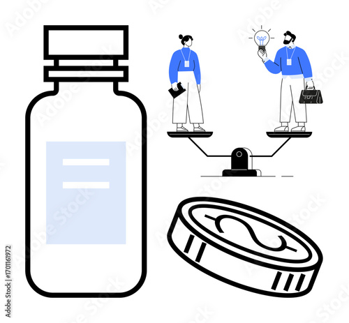 Medicine bottle, balanced scale with professionals exchanging ideas, and coin symbol. Ideal for innovation, healthcare, teamwork, decision-making, economic analysis, funding strategy simple flat