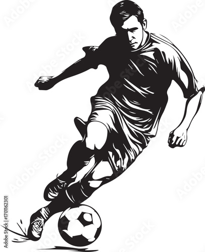 Dynamic Soccer Play: A striking black-and-white graphic captures the essence of a skillful player in action, showcasing a powerful kick with expert ball control during a fast-paced match.