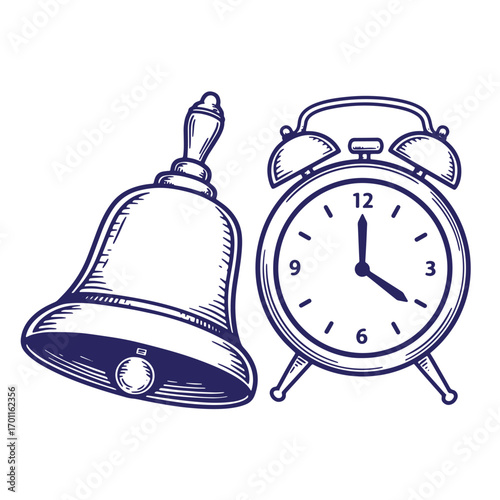 Vintage illustration of a school bell and a retro alarm clock indicating school time