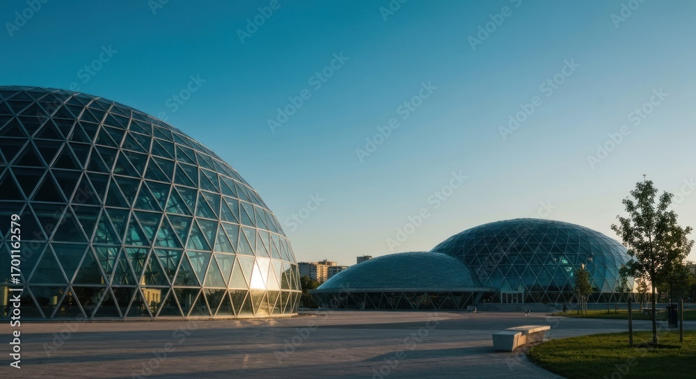 Fototapeta premium Two large glass geodesic domes, modern architecture, clear blue sky