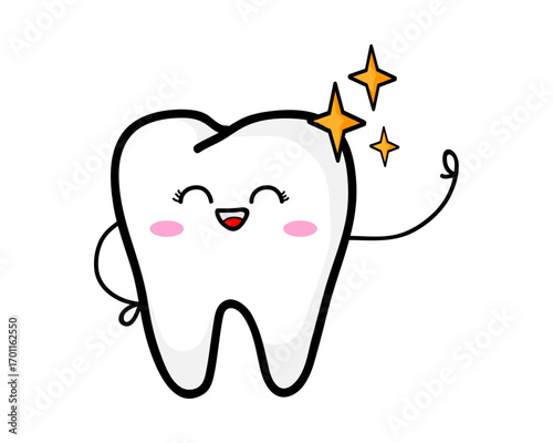 Cute smiling tooth character winking and sparkling with joy. A happy mascot concept for dental care, oral hygiene, and dentistry clinic as a vector illustration
