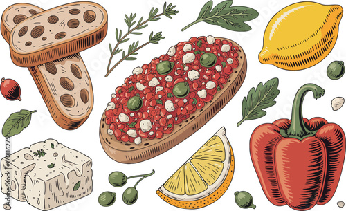 s an appealing arrangement of fresh food ingredients alongside a prepared bruschetta-like dish.