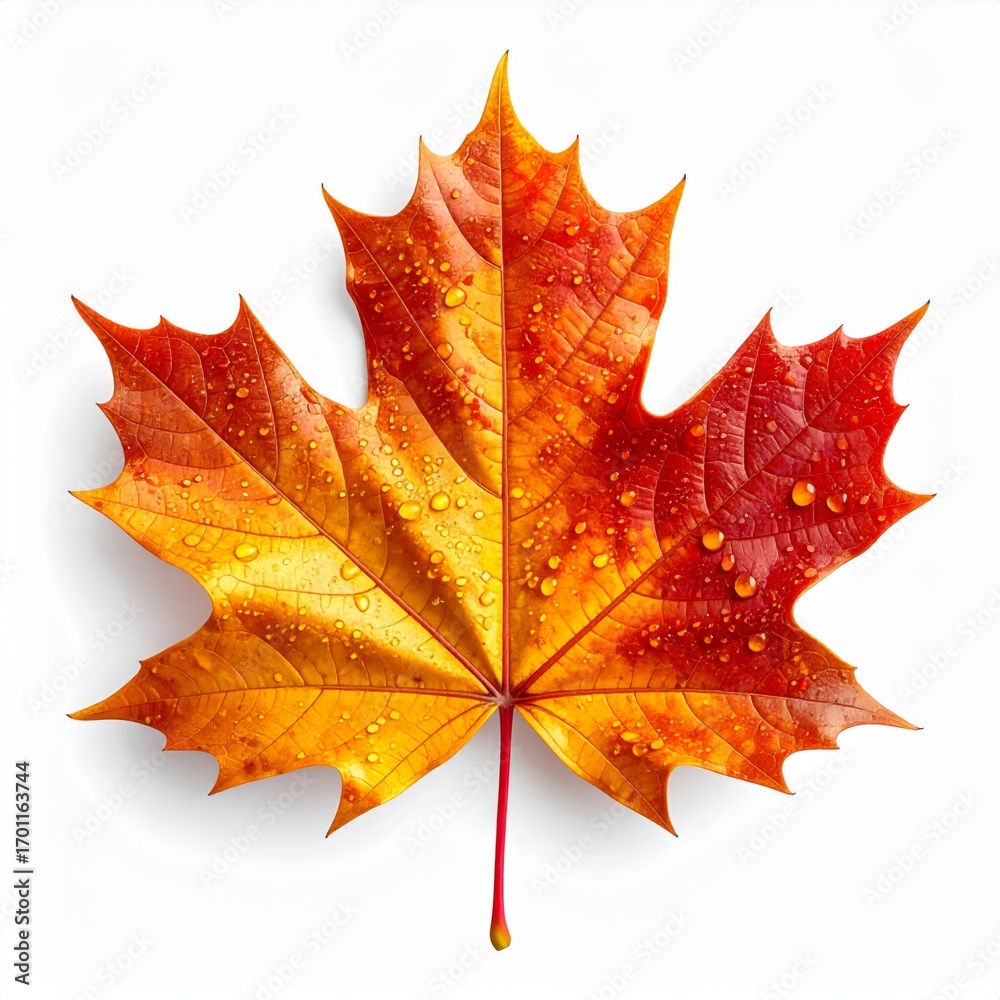 Obraz premium Detailed Maple Leaf with Water Droplets on White Background Displaying Vibrant Autumn Colors
