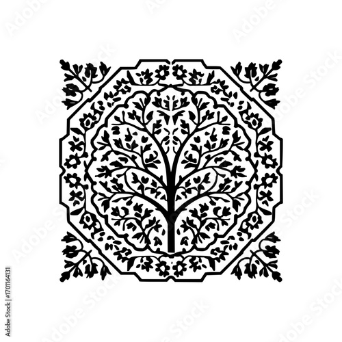 Black and white tree of life design with floral elements inside an octagonal border in a square format
