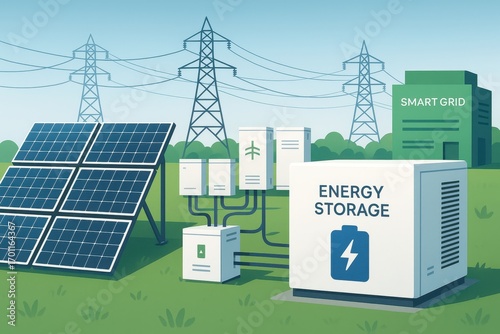 Smart grid energy storage with solar panel integration and sustainable technology infrastructure