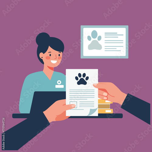 A woman in blue shirt sits behind a counter as a person hands her a document with a paw print on it; a vet or animal clinic setting.
