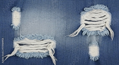 Ripped blue denim texture with frayed threads and distressed details for fashion design