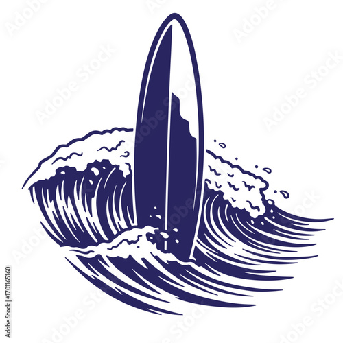 A vector illustration of a surfboard standing in a breaking ocean wave