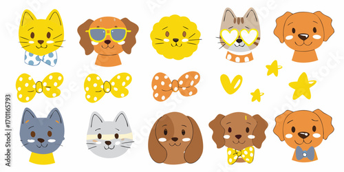 Collection of cute cartoon animal faces with bow ties and accessories on a white background