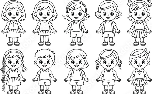 Diverse Group of Cartoon Children in Black and White Outline