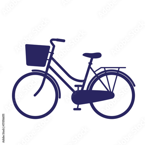 Blue silhouette of a vintage bicycle with basket and rack on white background