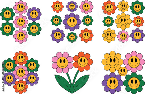 Groovy Smiley Flowers in Vibrant Retro Colors