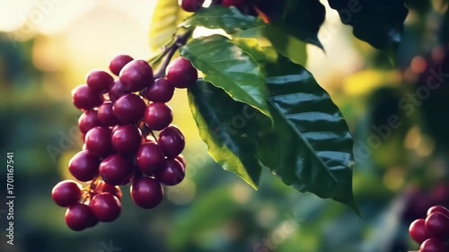 Ripe red coffee cherries ripen on a branch bathed in warm golden sunlight creating a vibrant natural scene
