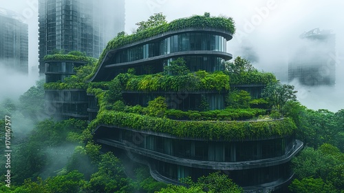 Futuristic eco-friendly building shrouded in mist.