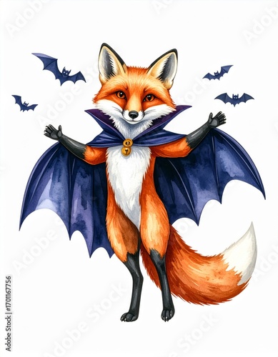 Cartoon Fox Character in Vampire Costume with Bats on White Background