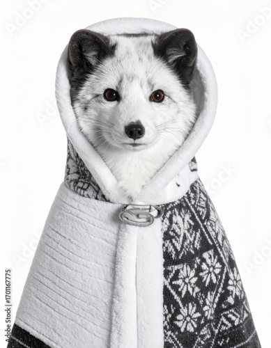Arctic Fox with Hooded Cloak in Gray and White Patterned Material on White Background