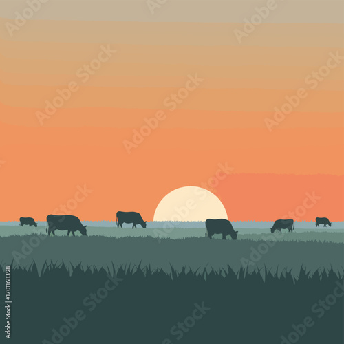 Minimalist Vector Illustration of Cows Grazing at Sunset with Soft Gradient Sky in Warm Tones in Modern Pastoral Style