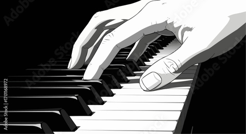 Vector art of closeup illustration of hands playing a piano, with focus on the fingers pressing the keys, in a dramatic black and white style