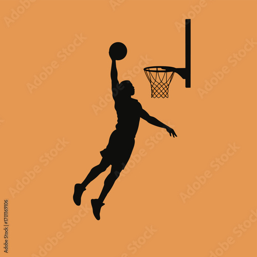 Minimalist Vector Illustration of Basketball Player Dunking with Silhouette Style in Black on Orange Background