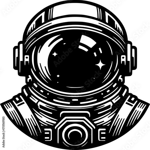 Astronaut's Helmet: A close-up, artistic illustration of an astronaut's helmet, conveying a sense of exploration, adventure, and the vast unknown