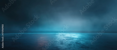 The misty blue horizon creates a moody atmosphere with a subtle glow reflecting off the damp concrete floor in a minimalist composition.