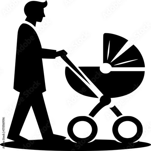 Father's Stroll with Baby Carriage: A silhouette of a caring father leisurely strolling, lovingly guiding a baby carriage through the tranquil park. This poignant image evokes warmth, tenderness.