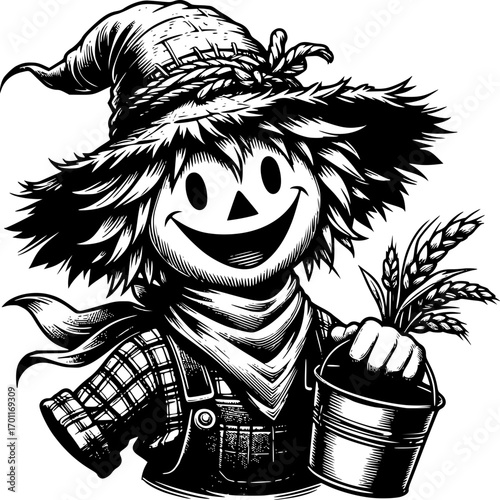 Smiling Scarecrow with Harvest Treasures: An adorable, smiling scarecrow figure holds a small bucket and wheat, embodying the warmth and bounty of the harvest season.