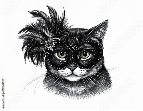 Elegant Black and White Illustration of a Cat Wearing a Feathered Mask with Green Eyes