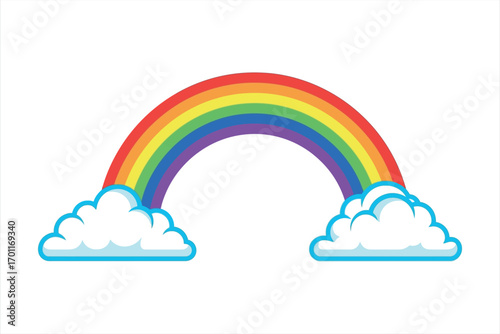 Colorful rainbow arc with fluffy white clouds on white background spectrum colors