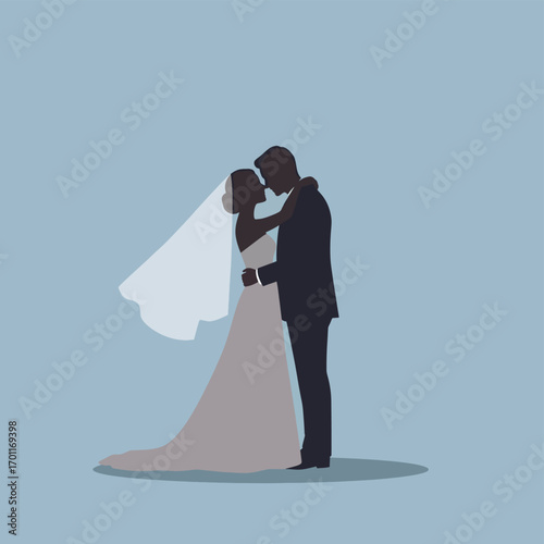 Vector Illustration of Romantic Couple in Wedding Attire in Modern Minimalist Style with Soft Blue Background