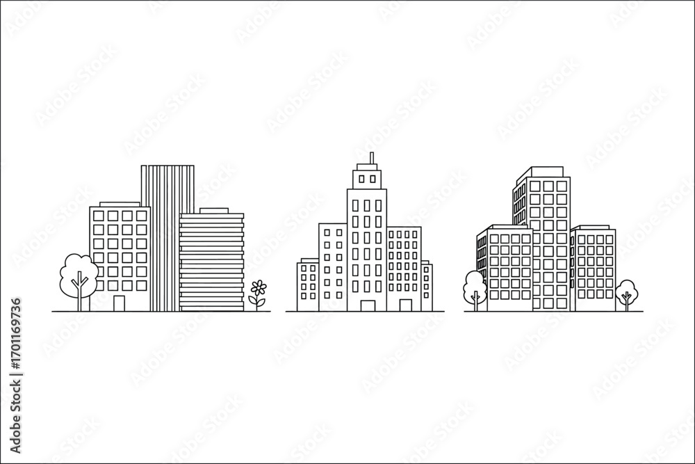 Naklejka premium Simple line art cityscape with buildings trees and a flower architecture urban